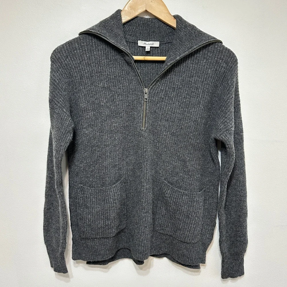 Madewell Quarter Zip Sweater Womens XS Charcoal Gray Merino Wool Ribbed Pullover